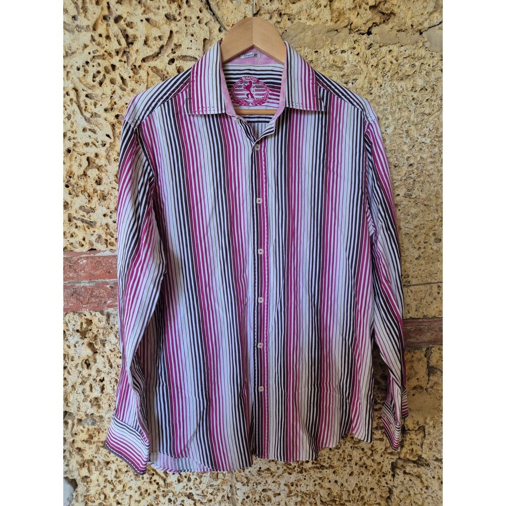 Bugatchi Uomo Mens Shaped Fit Shirt L Pink Brown Stripe Long Sleeve Designer